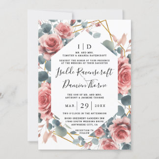 Invitation Rose Poussiéreuse Élégant Rose Mauve Or Fleurs Mar