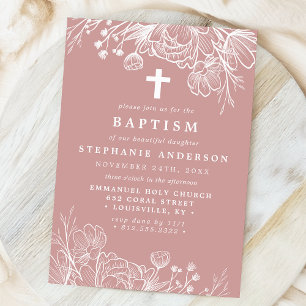 Invitation Rose Poussiéreuse Fleurie Baptême Rose et Blanc