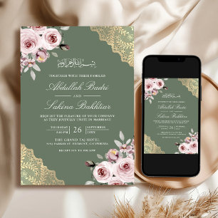 Invitation Rose Poussiéreuse Or Broderie Code QR Mariage Musu