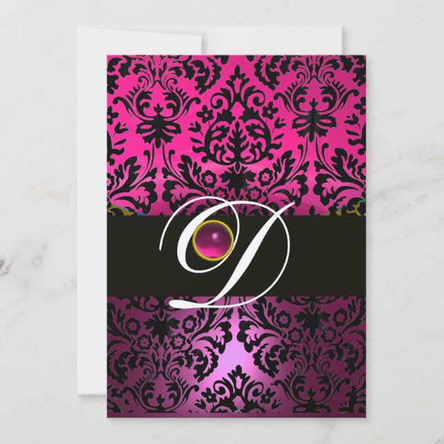 Invitation ROSE PURPLE BLACK DAMASK MONOGRAM Amethyst Fuchsia (Devant)