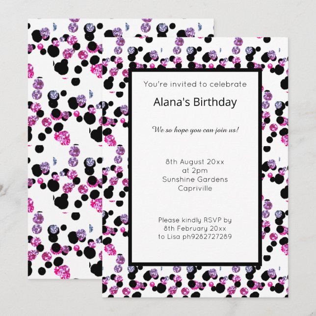 INVITATION ROSE PURPLE BLACK LEOPARD SPOT MOTIF ANNIVERSAIRE (Devant / Derrière)