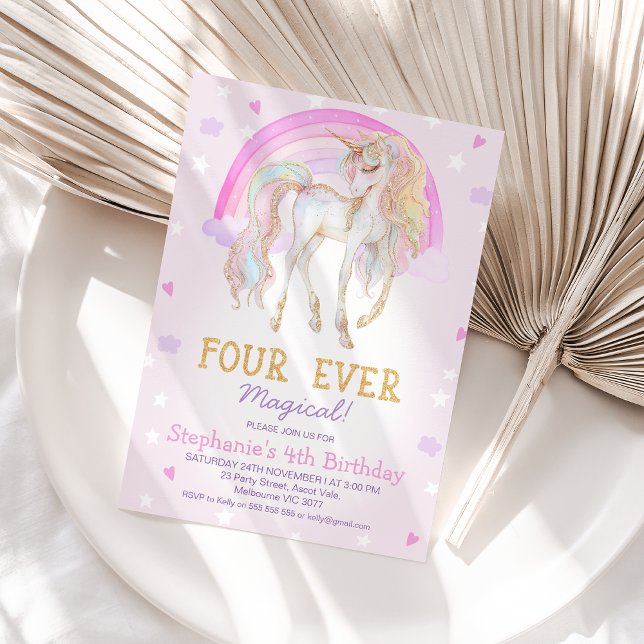 Invitation Rose Quatre Ever Magique Unicorne 4e anniversaire (Pink Four Ever Magical Unicorn 4th Birthday Invitation Template, Rainbow Unicorn 4th Birthday Invite)