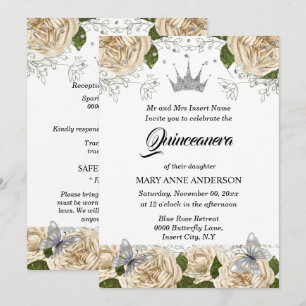 Invitation Rose quinceanera beige argent tiara papillon
