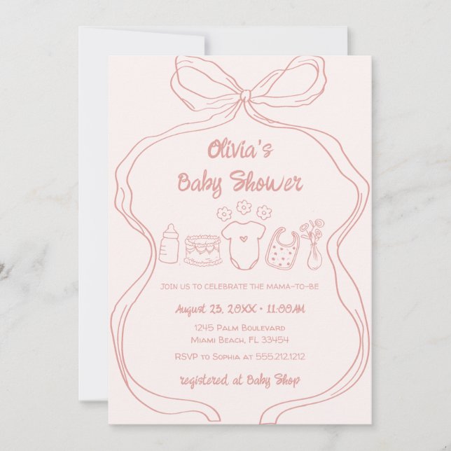 Invitation Rose Quirky Main tiré Wavy Bow Girl Baby shower (Devant)