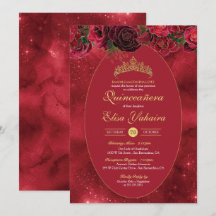 Invitation Rose Red Gold Luxury Butterfly Quinceanera