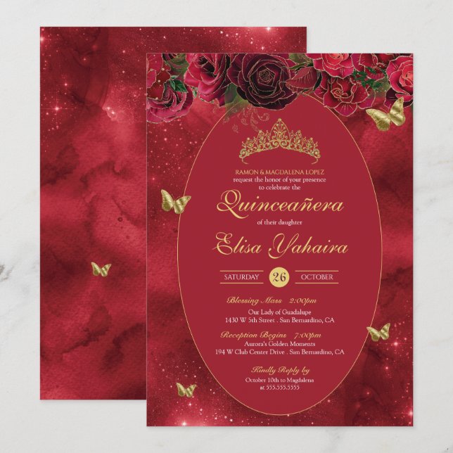 Invitation Rose Red Gold Luxury Butterfly Quinceanera (Devant / Derrière)
