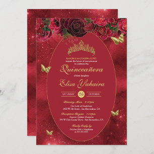 Invitation Rose Red Gold Luxury Butterfly Quinceanera