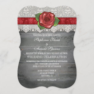 Invitation Rose Red Grey Rustic Wood