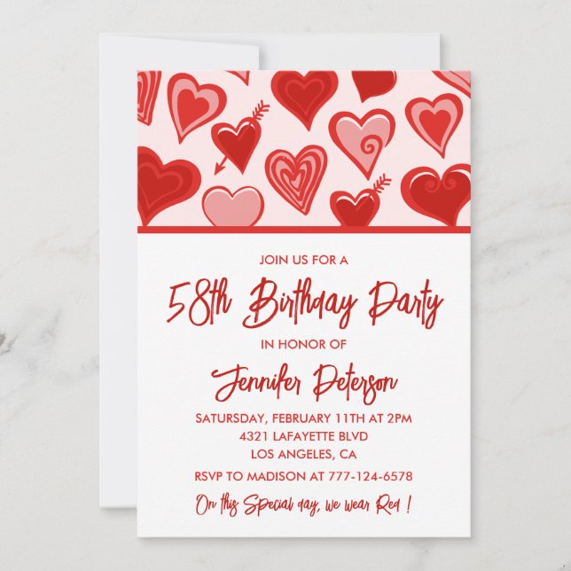 Invitation Rose Red Hearts Motif Simple 58e anniversaire (Devant)