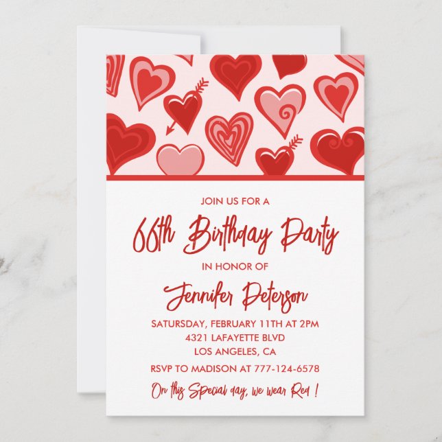 Invitation Rose Red Hearts Motif Simple 66e anniversaire (Devant)