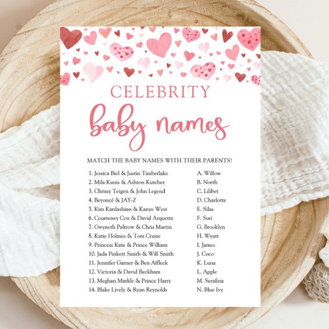 Invitation Rose Red Hearts Valentine Celebrity Baby Name Jeu (Watercolor Pink Red Hearts Valentine Little Sweetheart Girl Celebrity Baby Names Baby Shower Game)