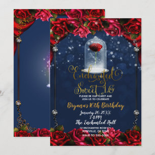 Invitation Rose Reds Marine Blue & Gold Sweet 16 Party