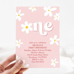 Invitation Rose Retro Daisy Une 1ère fille anniversaire