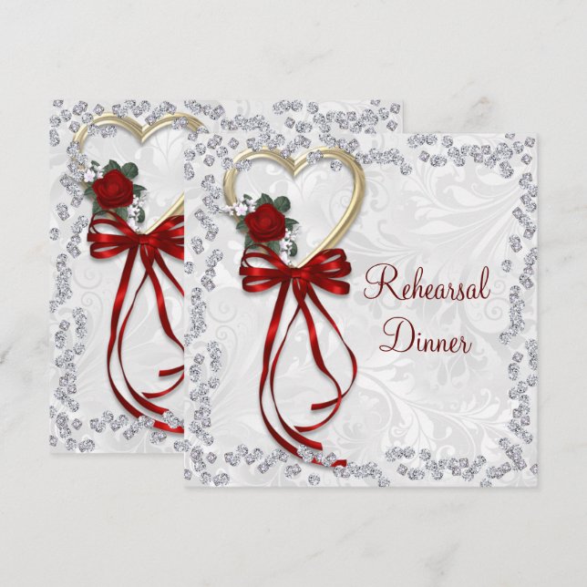 Invitation Rose romantique, Diamants et Mariage de ruban roug (Devant / Derrière)