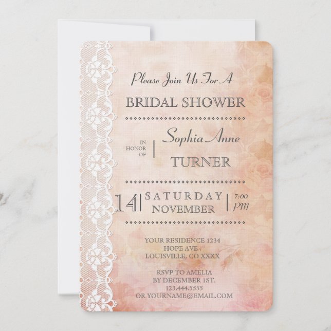 Invitation Rose romantique et dentelle BRIDAL DOUCHE Invitati (Devant)