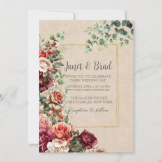Invitation Rose romantique Floral Eucalyptus QR Code Mariage