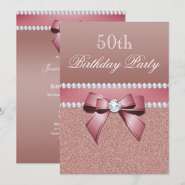 Invitation Rose romantique Gold fête d'anniversaire (Devant / Derrière)