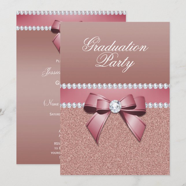Invitation Rose romantique Gold Graduation Party (Devant / Derrière)