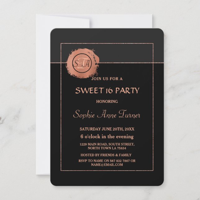 Invitation Rose romantique Parties scintillant or Monogramme  (Devant)