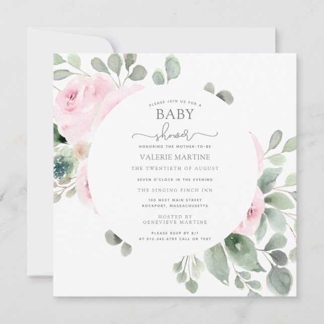 Invitation Rose rose Baby shower d'Eucalyptus (Devant)