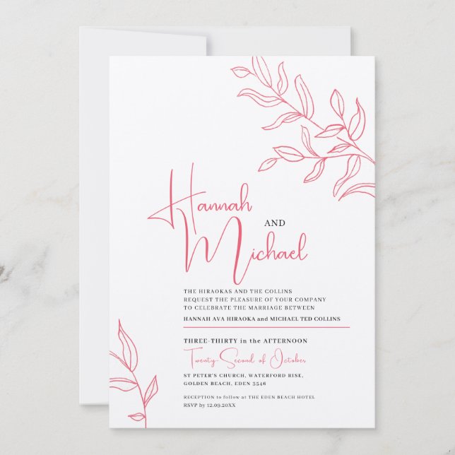 Invitation Rose rose blanc branche feuille croquis mariage (Devant)