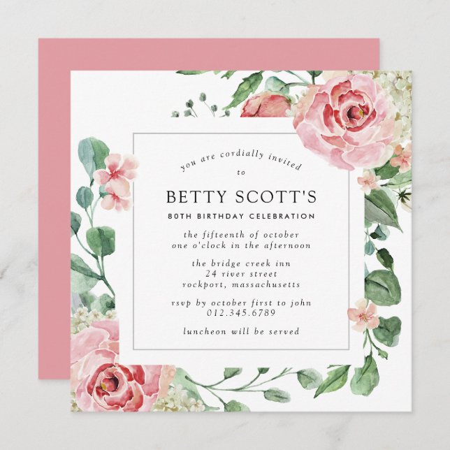 Invitation Rose Rose Blanc Hydrangea fête de 80e anniversaire (Devant / Derrière)