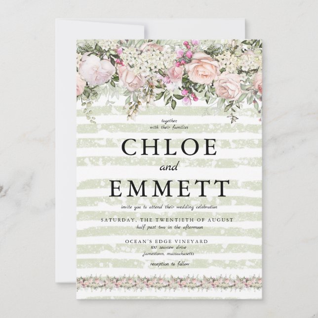 Invitation Rose Rose Blanc Hydrangea Vert Mariage rayé (Devant)