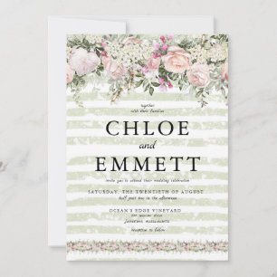 Invitation Rose Rose Blanc Hydrangea Vert Mariage rayé