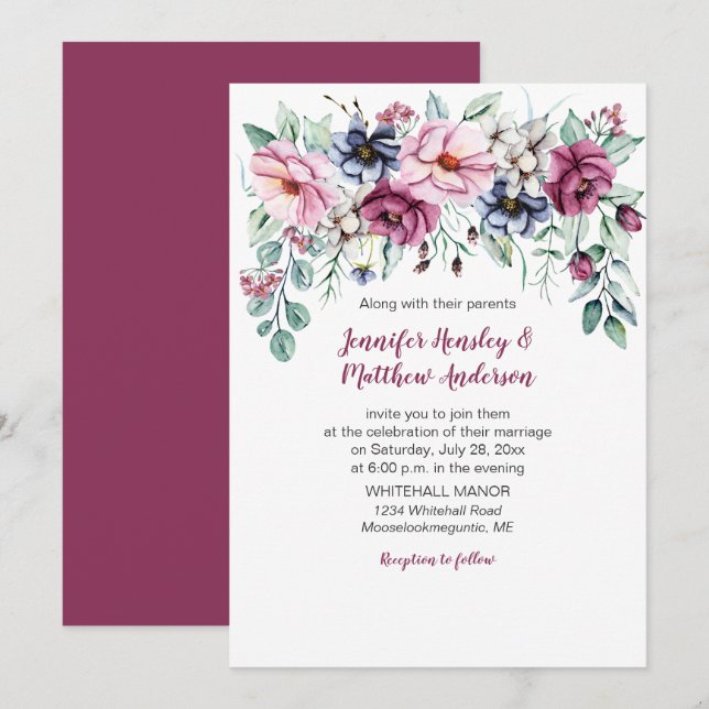 Invitation Rose, rose, bleu Aquarelle Floral Drop Mariage (Devant / Derrière)