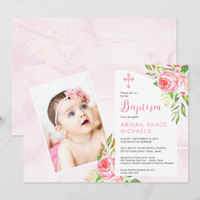 Invitation Rose Rose Blooms Fille Bébé Photo Baptême (Devant / Derrière)