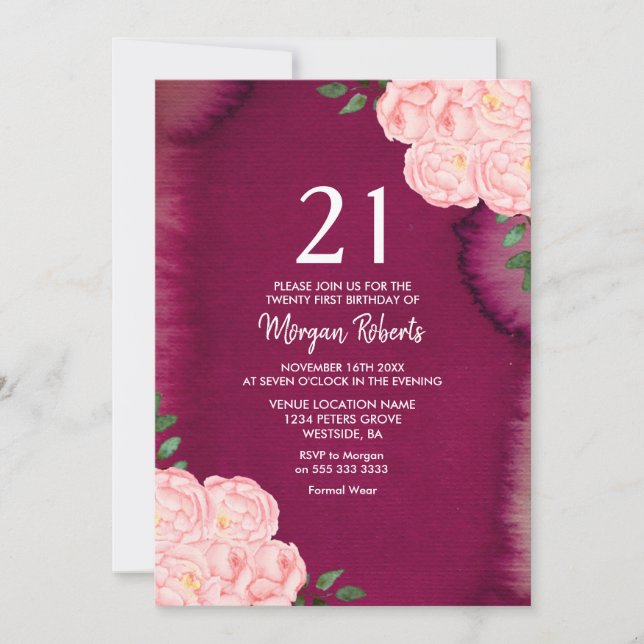 Invitation Rose rose Bourgogne violet 21e anniversaire Invita (Devant)