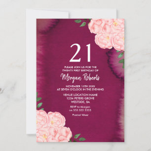 Invitation Rose rose Bourgogne violet 21e anniversaire Invita