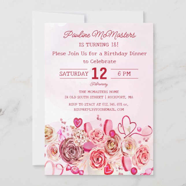 Invitation Rose Rose Coeur Tourbillonnant 18e anniversaire Dî (Devant)