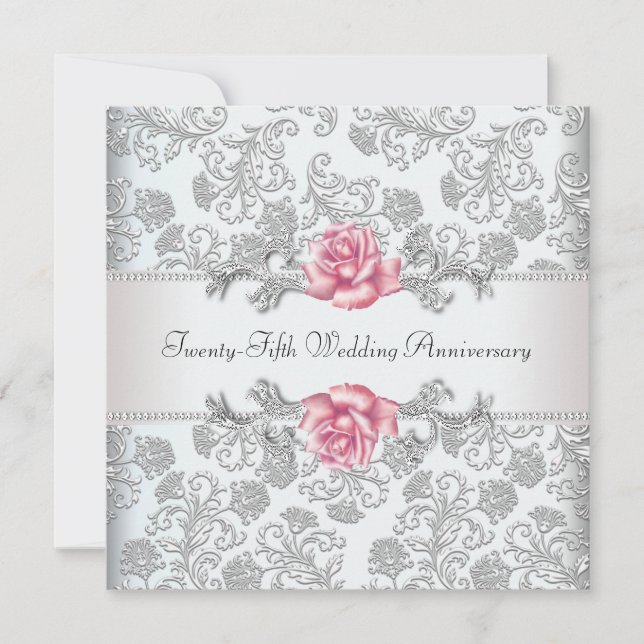 Invitation Rose rose damask argent 25e anniversaire de mariag (Devant)