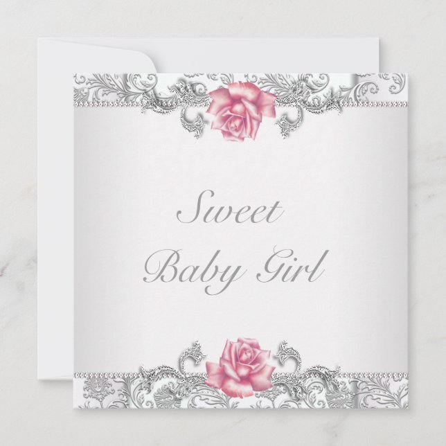 Invitation Rose rose Damask Baby Girl Douche (Devant)