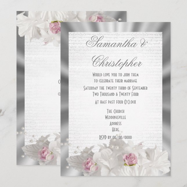Invitation Rose rose des fleurs blanches sur gris argenté mar (Devant / Derrière)