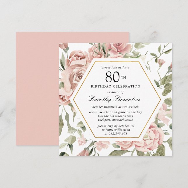 Invitation Rose rose Dusty Floral 80e anniversaire (Devant / Derrière)