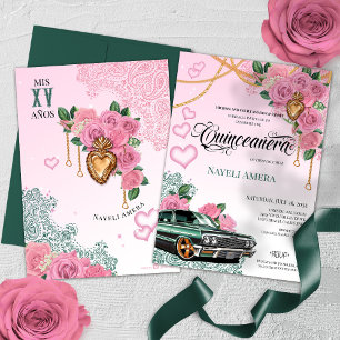 Invitation Rose rose Emeraude Vert Chola Lowrider Quinceanera
