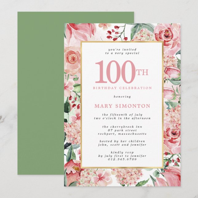 Invitation Rose rose et Hydrangea Floral 100e anniversaire (Devant / Derrière)