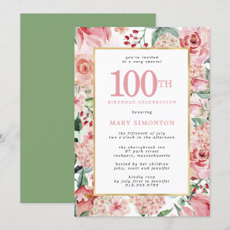 Invitation Rose rose et Hydrangea Floral 100e anniversaire