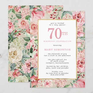Invitation Rose rose et Hydrangea Floral 70e anniversaire