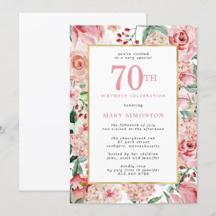 Invitation Rose rose et Hydrangea Floral 70e anniversaire