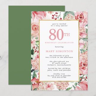 Invitation Rose rose et Hydrangea Floral 80e anniversaire