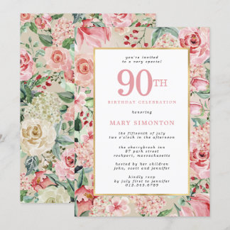 Invitation Rose rose et Hydrangea Floral 90e anniversaire