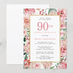 Invitation Rose rose et Hydrangea Floral 90e anniversaire