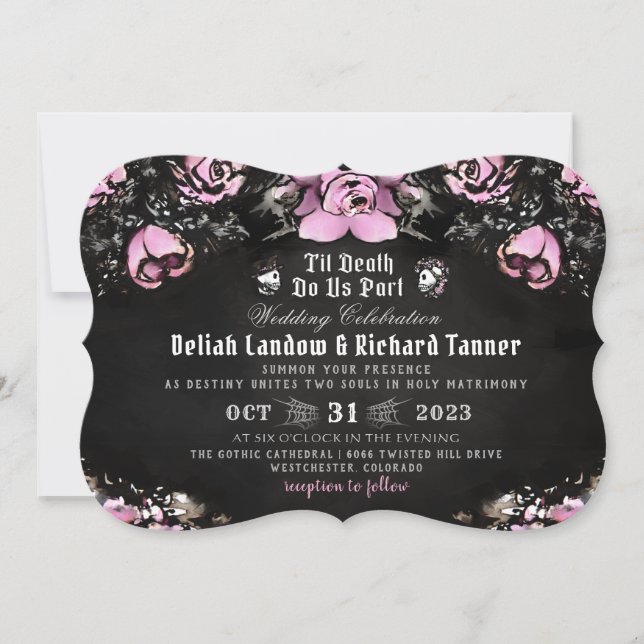 Invitation Rose rose et noir gothique et Mariage de skeletons (Devant)