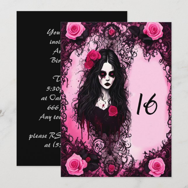 Invitation Rose rose et noire Fantôme fille douce 16 Annivers (Devant / Derrière)