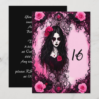 Invitation Rose rose et noire Fantôme fille douce 16 Annivers