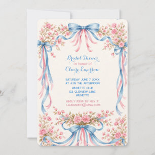 Invitation Rose rose et rubans bleus vintage