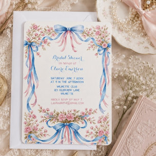 Invitation Rose rose et rubans bleus vintage